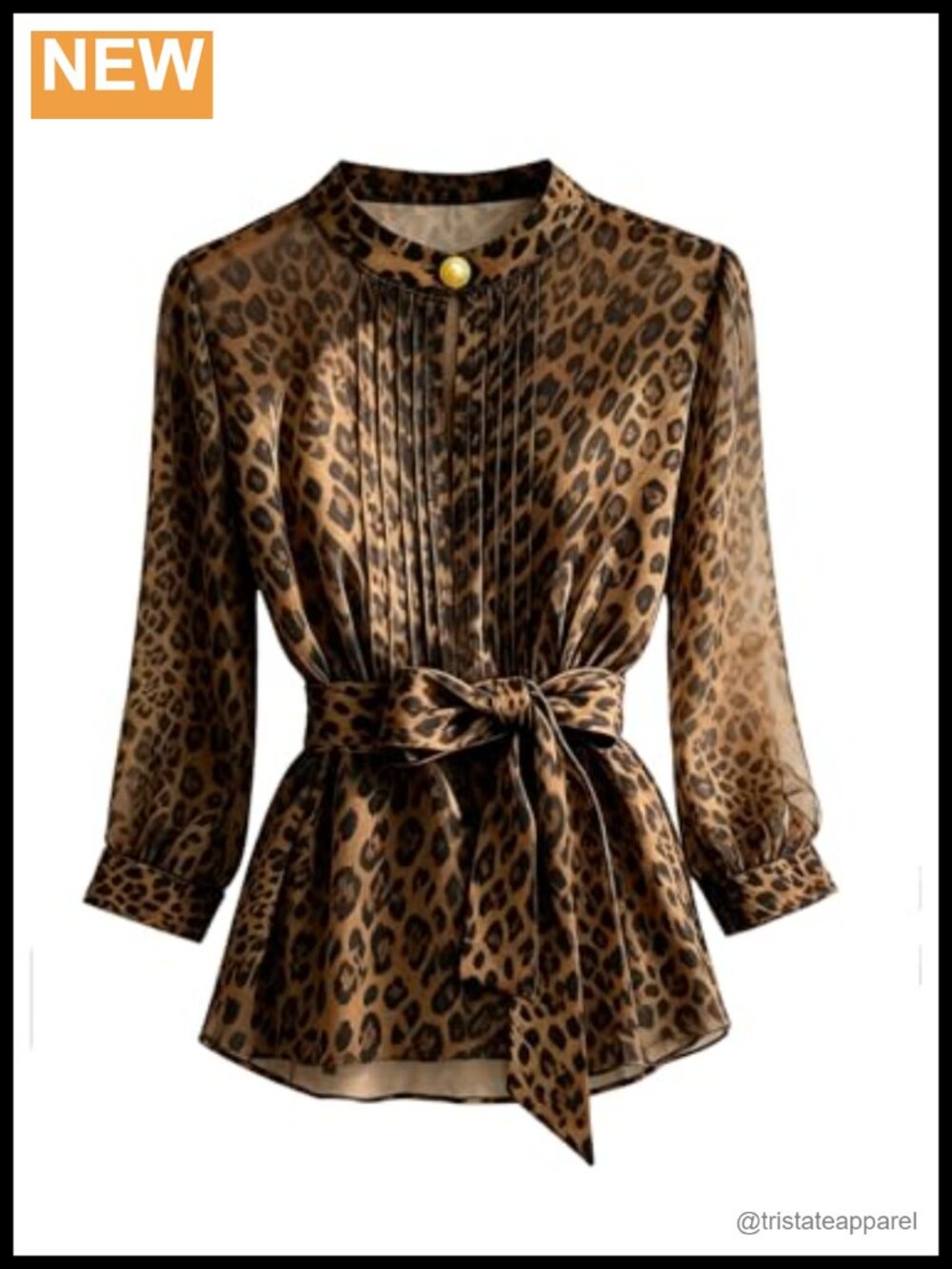 Leopard Print Chiffon Blouse Mock Neck Long Sleeve Pleated Belted Women's Top